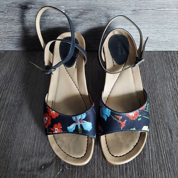 Dansko Black Leather Floral Open Toe Ankle Strap Sandals Size EU 37 | US 6.5-7 - Picture 3 of 10
